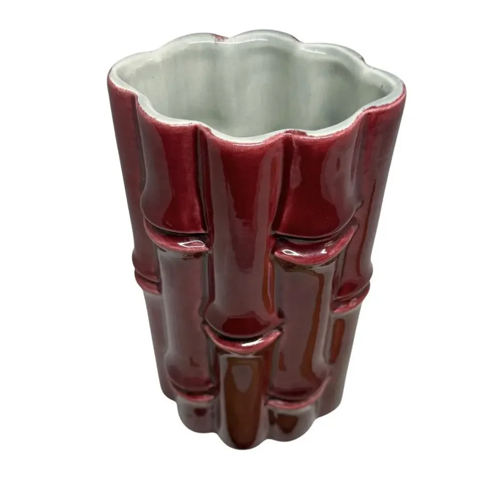 Red Wing USA Burgundy Bamboo Ceramic 7.5” Tall Vase #400 Light Grey interior VTG